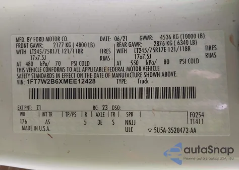 2021 Ford F-250 Xl из США, поврежденный, VIN 1FT7W2B6XMEE12428